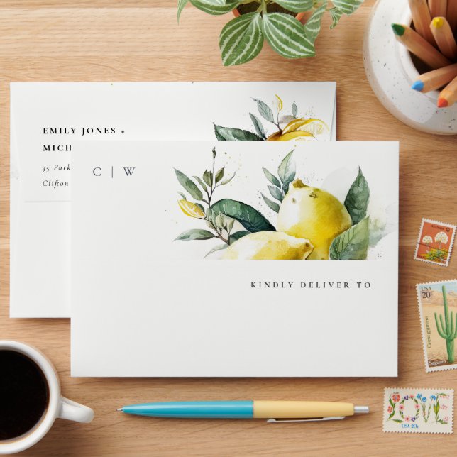Boho Rustic Watercolor Yellow Lemon Garden Wedding Envelope (Desk)