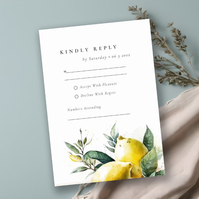 Boho Rustic Watercolor Yellow Lemon Garden Wedding RSVP Card (Creator Uploaded)