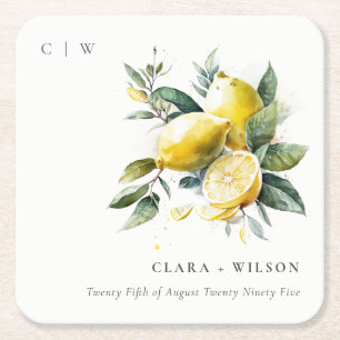 Boho Rustic Watercolor Yellow Lemon Garden Wedding Square Paper Coaster