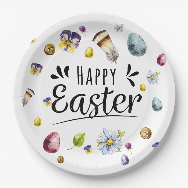 Boho Rustic Watercolour Colourful Happy Easter Paper Plate (Front)