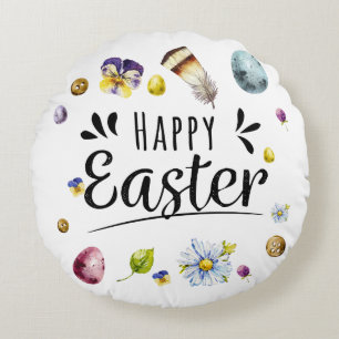 Boho Rustic Watercolour Colourful Happy Easter Round Cushion
