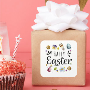 Boho Rustic Watercolour Colourful Happy Easter Square Sticker