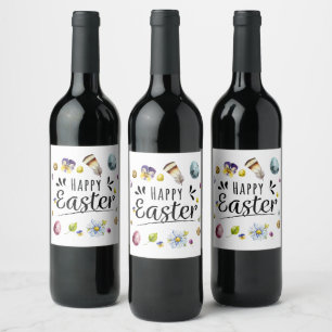 Boho Rustic Watercolour Colourful Happy Easter Wine Label