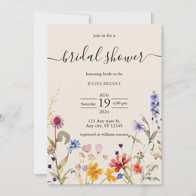 Boho rustic wildflower bridal shower invitation (Front)