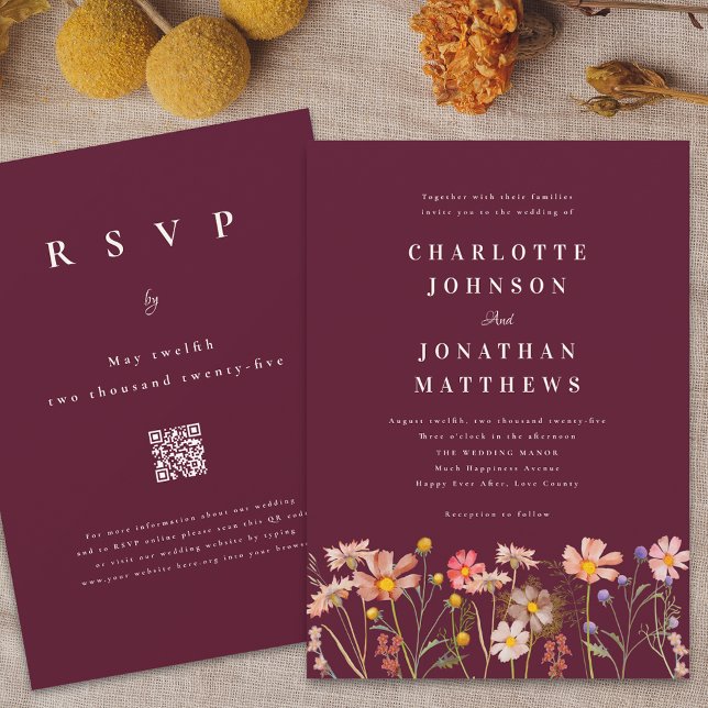 Boho Rustic Wildflower Burgundy Wedding Invitation (Boho wildflower meadow burgundy wedding invitation Elegant modern stylish watercolor florals)