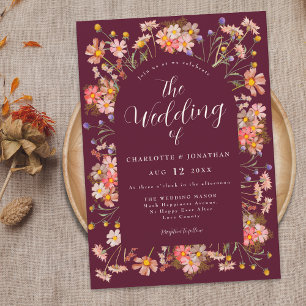 Boho Rustic Wildflower Burgundy Wedding Invitation