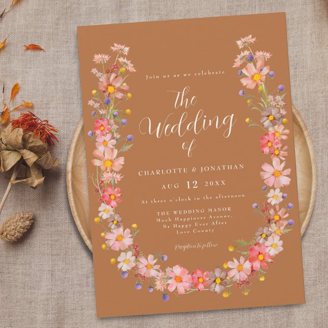 Boho Rustic Wildflower Fall Wedding Invitation (Boho rustic floral wreath fall terracotta wedding invitation Watercolor wildflowers elegant script)