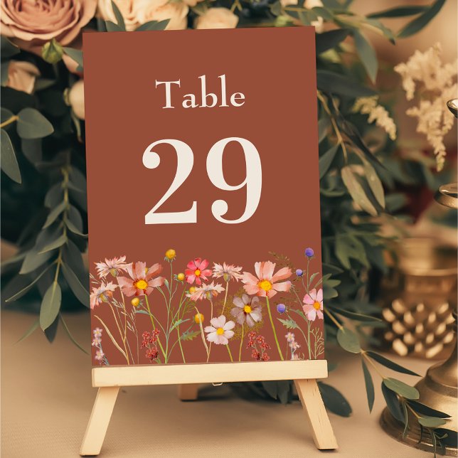 Boho Rustic Wildflower Floral Burnt Orange Wedding Table Number (Boho fall rustic Wildflower floral burnt orange and beige Wedding table cards)