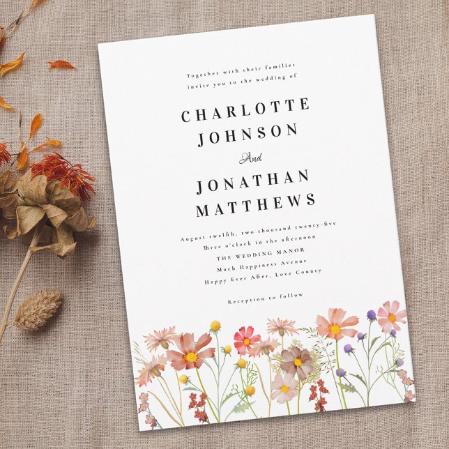 Boho Rustic Wildflower Floral  Invitation (Boho rustic Wildflower floral Wedding invitation Watercolor flowers elegant modern typography script)