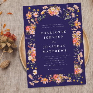 Boho Rustic Wildflowers Navy Blue Wedding Invitation