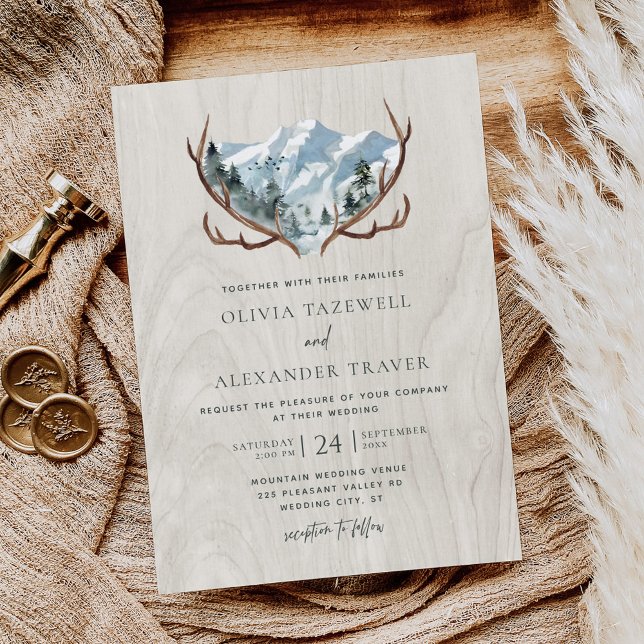 Boho Rustic Wood Antlers Mountain Wedding Invitation (Creator Uploaded)