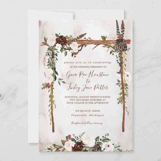 Boho Rustic Wood & Floral Arch Canopy Wedding Invitation (Front)