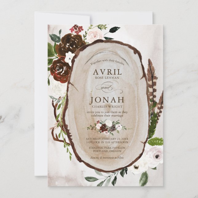 Boho Rustic Wood & Floral Burgundy Rose Wedding Invitation (Front)