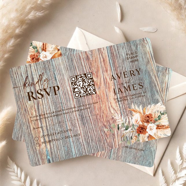 Boho Rustic Wood Grain QR Code RSVP Card (Creator Uploaded)