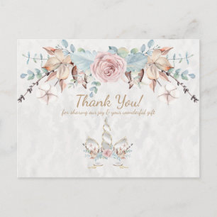 Boho Rustic Woodland Floral Unicorn Thank You Postcard