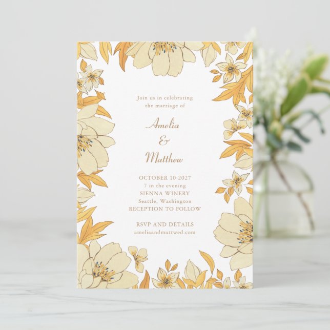 Boho Rustic Yellow Floral Border Wedding Invitation (Standing Front)