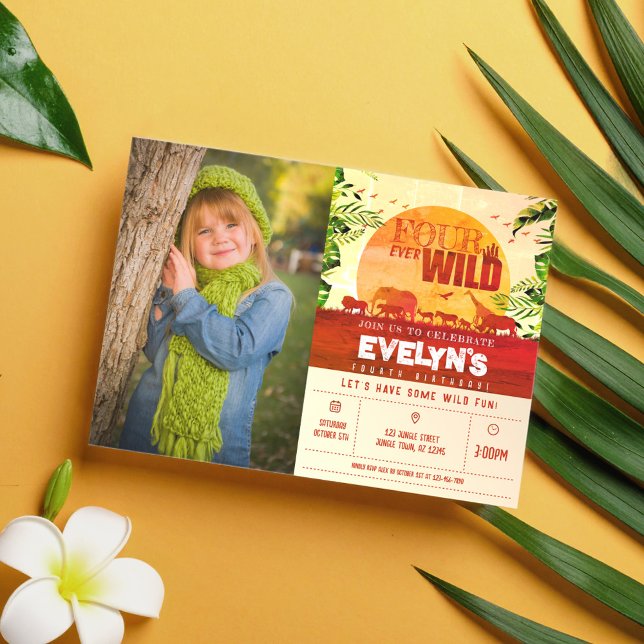 Boho Safari Animals Four Ever Wild Photo Birthday Invitation (Creator Uploaded)