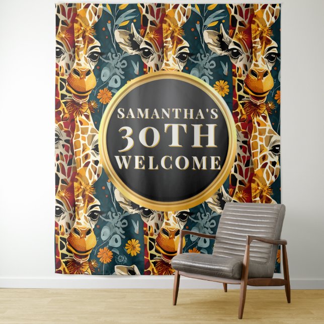 Boho Safari Giraffe 30th Birthday Welcome Tapestry (In Situ)
