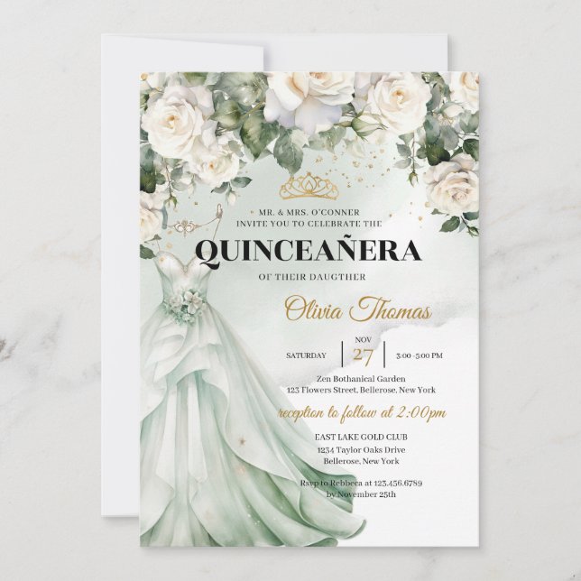 Boho Sage Dress & White Roses Greenery and Gold Invitation (Front)
