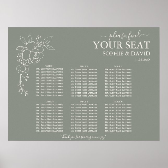 Boho Sage Green 6 Table Wedding Seating Chart (Front)