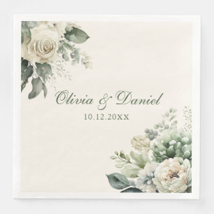 Boho Sage Green and Ivory Flowers Wedding Napkin