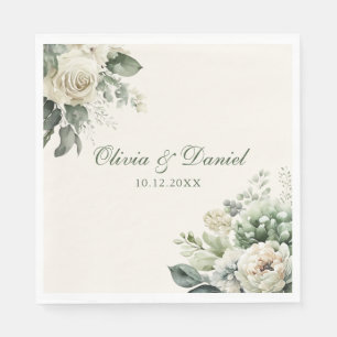 Boho Sage Green and Ivory Flowers Wedding Napkin
