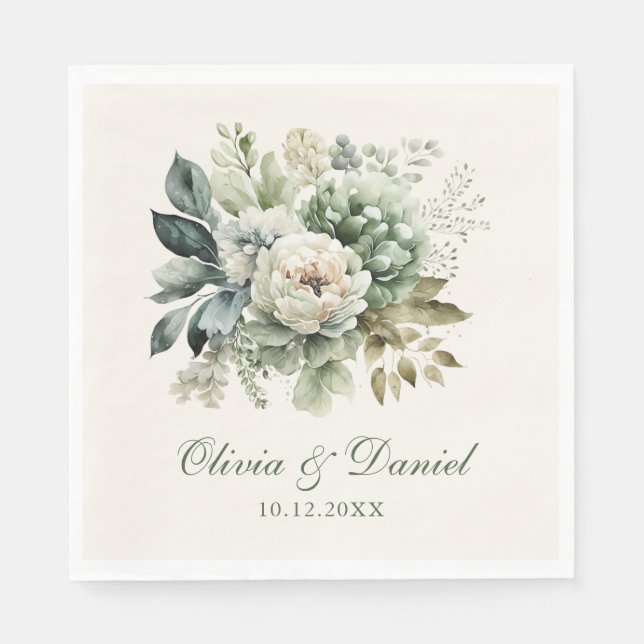 Boho Sage Green and Ivory Flowers Wedding Napkin (Front)