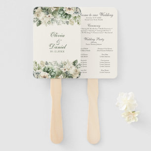 Boho Sage Green and Ivory Flowers Wedding Program Hand Fan