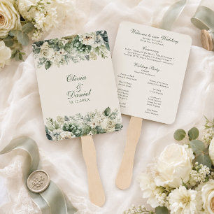 Boho Sage Green and Ivory Flowers Wedding Program Hand Fan