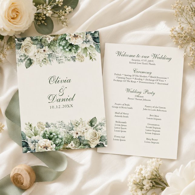 Boho Sage Green and Ivory Flowers Wedding Program Programme (Boho Sage Green and Ivory Flowers Wedding Program with wedding decor and white flowers)