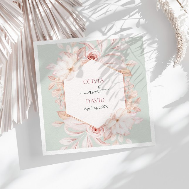 Boho Sage Green and Pink Roses Wedding Napkins (Boho Sage Green and Pink Roses Wedding Napkins on a sunny table with white dry botanicals)