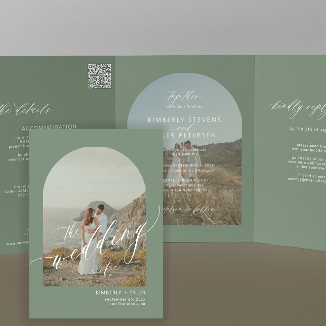 Boho sage green arch photo QR code wedding Tri-Fold Invitation (Creator Uploaded)
