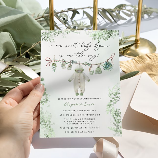 Boho Sage Green Baby Boy Clothes Baby Shower Invitation (Creator Uploaded)