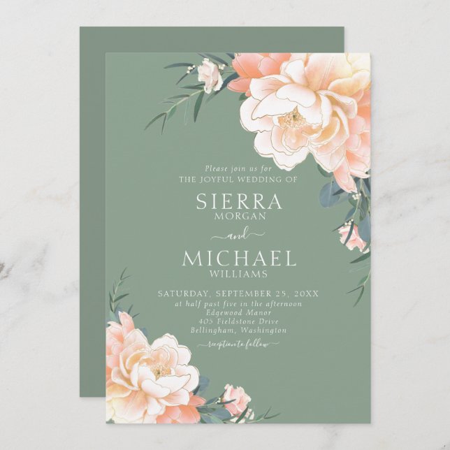 Boho Sage Green Blush Peach Cream Floral Wedding Invitation (Front/Back)