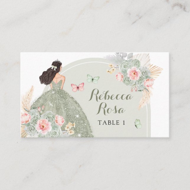 Boho Sage Green Blush Pink Quinceañera Place Card (Front)