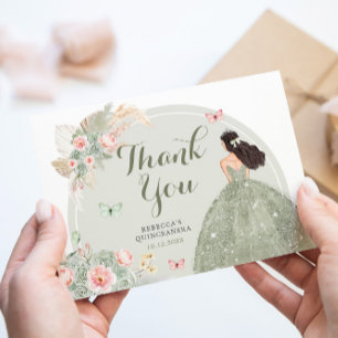 Boho Sage Green Blush Pink Quinceañera Thank You Card