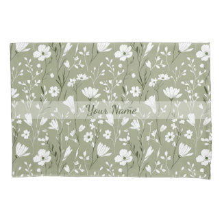 Boho Sage Green Botanical Personalized Floral Pillowcase