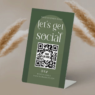 Boho Sage Green Business Social Media QR Code Pedestal Sign