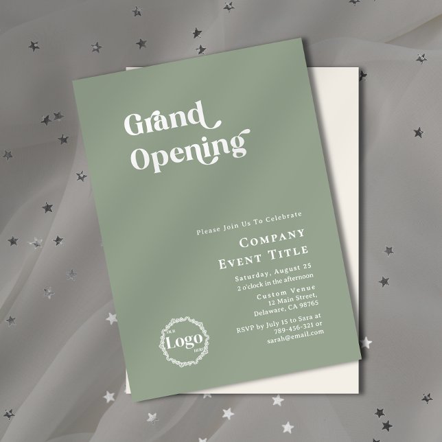 Boho Sage Green Chic Typography Grand Opening Invitation (Property Photo Background Typography Open House Invitation)