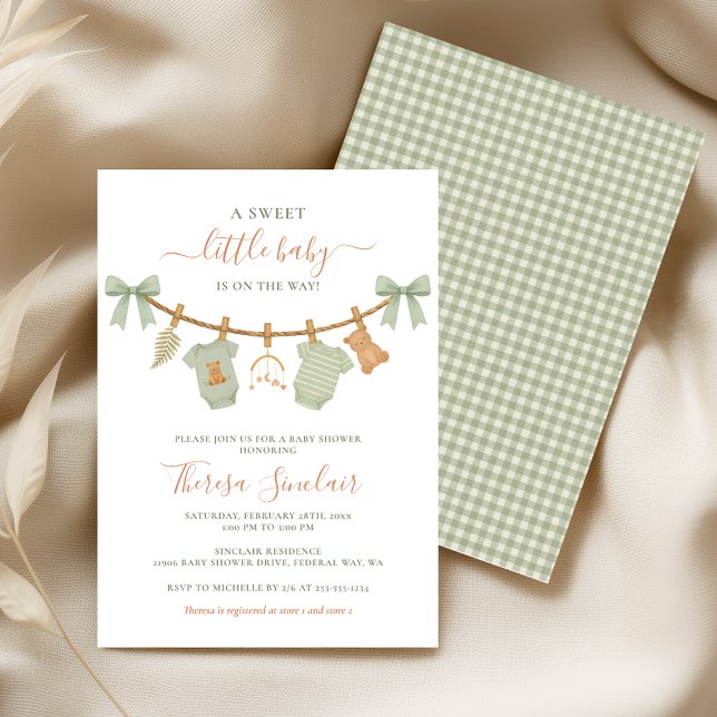 Boho Sage Green Clothesline Baby Shower Invitation (Sage Green Boho Clothesline Baby Shower Invitation)