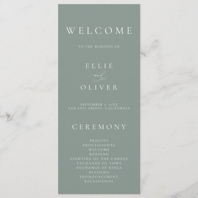 Boho Sage Green Elegant Minimalist Wedding Programme (Front)