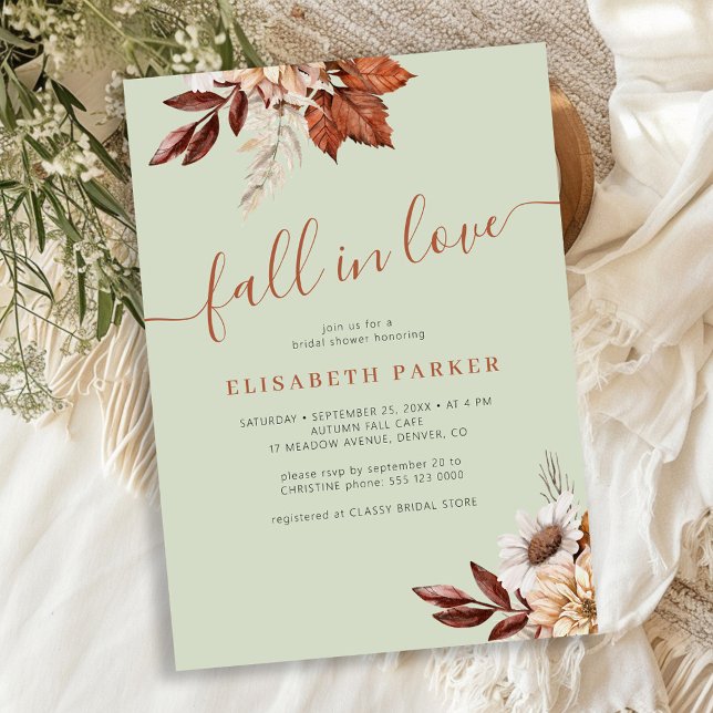 Boho sage green fall in love bridal shower invitation (Creator Uploaded)
