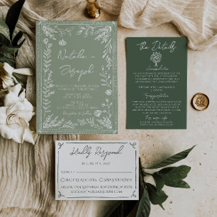 Boho Sage Green Floral Botanical Modern Wedding Invitation