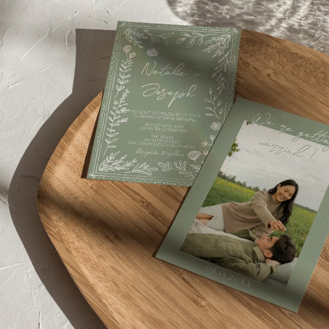 Boho Sage Green Floral Botanical Photo Wedding Invitation (Creator Uploaded)