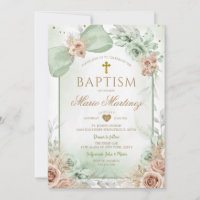 Boho Sage Green Floral Boy Gold Cross Holy Baptism