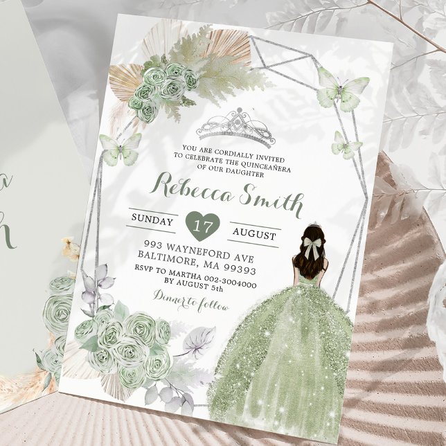 Boho Sage Green Floral Geometric Quinceañera Invitation (Creator Uploaded)