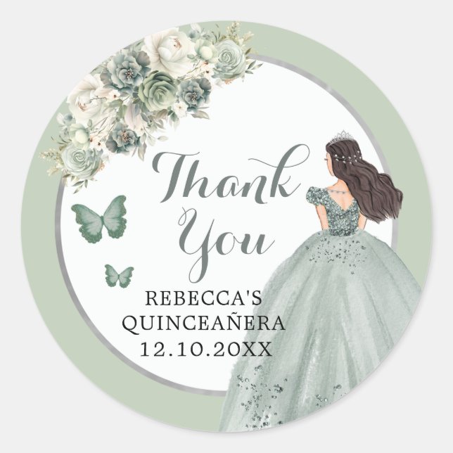 Boho Sage Green Floral Girl Floral Quinceañera  Classic Round Sticker (Front)