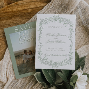 Boho Sage Green Floral Photo Wedding Save The Date