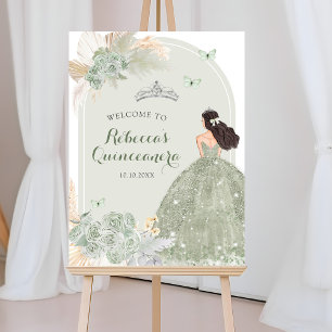 Boho Sage Green Floral Princess 15 Años Welcome Poster