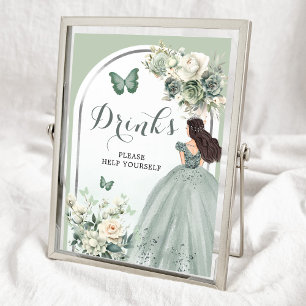 Boho Sage Green Floral Princess Quinceañera Drinks Poster